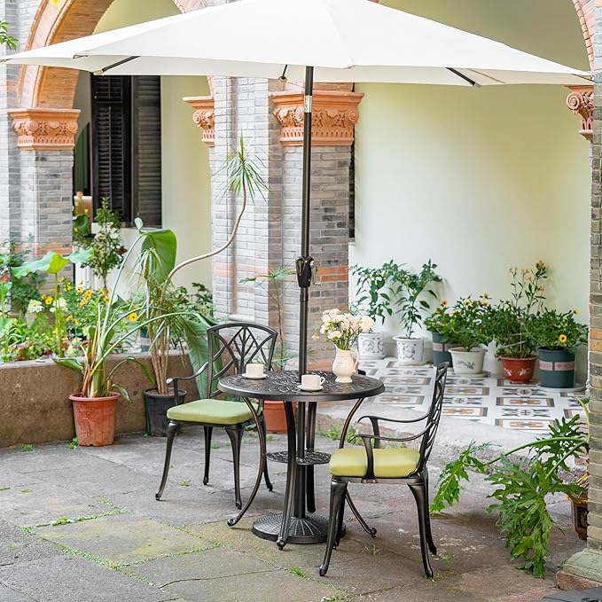 NUU GARDEN 31" Round Patio Bistro Table, Cast Aluminum Round Outdoor Bistro Table with Umbrella Hole for Poolside, Deck, Porch, Backyard, Balcony, Black with Gold-Painted Edge