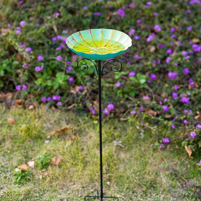 Metal Bird Baths for Outdoors, 39" H Birdbath with 10 Inch Bowl, Standing Bird Bath & Bird Feeder with Stake for Outside Garden Patio Yard Lawn Decor, Yellow Green