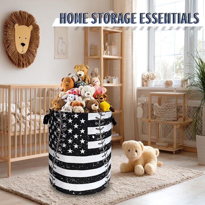 US Flag Baseball Laundry Basket Oxford Cloth Foldable Hamper 18.9x16.5 Inch | Funny With Handle Large-Capacity Tote Bag Laundry Hamper Clothes Storage Bucket Toy Organizer For Bathroom,Laundry,Bedroom