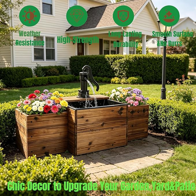 NestNature Outdoor Water Fountain,Floor Wooden Rectangular Pump Old-Fashioned Fountain with Flower Box,Electric Decorative Hand Pump, Outdoor Water Feature for Garden Patio Backyard