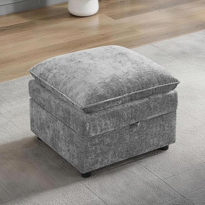 27" Storage Ottoman for Modular Sectional Sofa, Chenille Cloud Couch Footrest with Storage, Large Modern Sofa Ottoman with Hidden Storage for Living Room, Apartment, Bedroom, Small Space, Light Grey