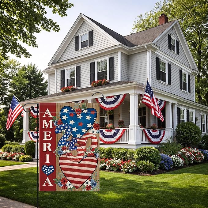 4th of July Garden Flag, 250 Anniversary USA Flag Patriotic America Memorial Day Yard Outdoor Decorations Outside American Heart 250 Years Fourth of July Garden Flag Double Sided Waterproof 12x18 Inch
