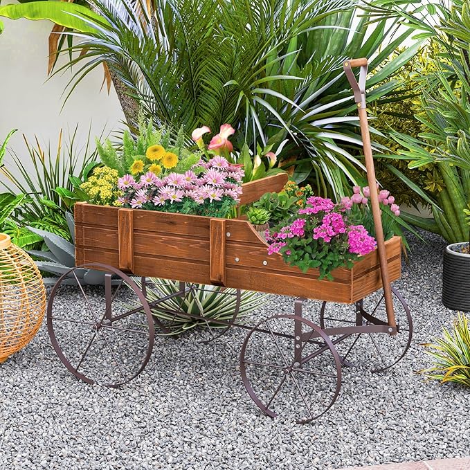 Wooden Wagon Planter, Decorative Flower Pots w/ 2 Planting Sections, Wheels & Handle, Rustic Farmhouse Garden Planter Box for Patio, Yard, Porch (Walnut)