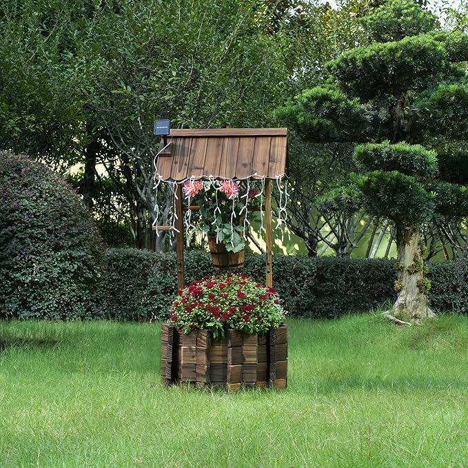 Notume Garden Wooden Decor Rustic Wishing Well with Light Planter Outdoor Home Décor for Patio, Upgrade Wishing Well Garden, Yard Hanging Bucket Patio Lawn Backyard Home Decor