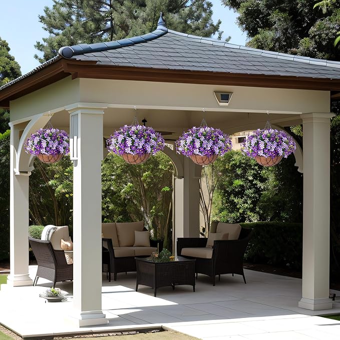 INXUGAO Artificial Flowers with Hanging Planter for Outdoors, Faux Silk Daisy Flower UV Resistant Plants in Basket Indoor Porch Garden Yard Spring Summer Decor(Purple)