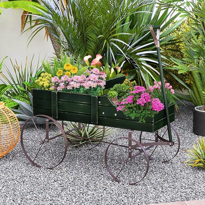 Wooden Wagon Planter, Decorative Flower Pots w/ 2 Planting Sections, Wheels & Handle, Rustic Farmhouse Garden Planter Box for Patio, Yard, Porch (Green)