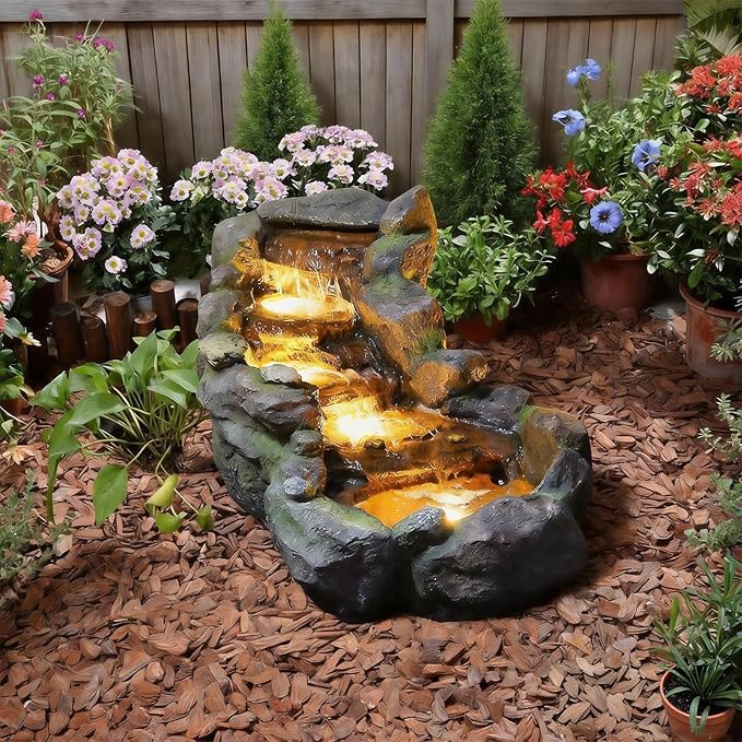 Sunlinua 42" L Outdoor Water Fountain with 3 Tiers Cascading Realistic Tree Trunk Waterfall Fountains with LED Lights Outdoor Water Fountain for Garden Patio Backyard Porch Home Decor