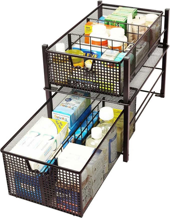 Deco Brothers Stackable Pull Out Cabinet Sliding Basket with Divider, Large
