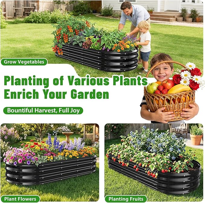 Oval Raised Garden Bed, 5 x 2 x 1FT, Galvanized Steel Planter Box with Wave-Shaped Metal Panels Painted for Outdoor Flower,Tree,Herb & Vegetable Garden (Black, 60X24X12 inches)