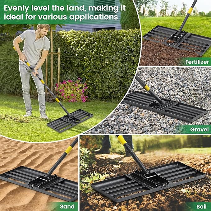 Lawn Leveling Rake - Heavy Duty 30" x 10" Lawn Leveler,Anti-Flip Edge, Adjustable 6FT Handle, Folding Plate for Yard, Soil, Sand, Topsoil,Gravel - Garden Ground Top Dressing,Landscaping tool