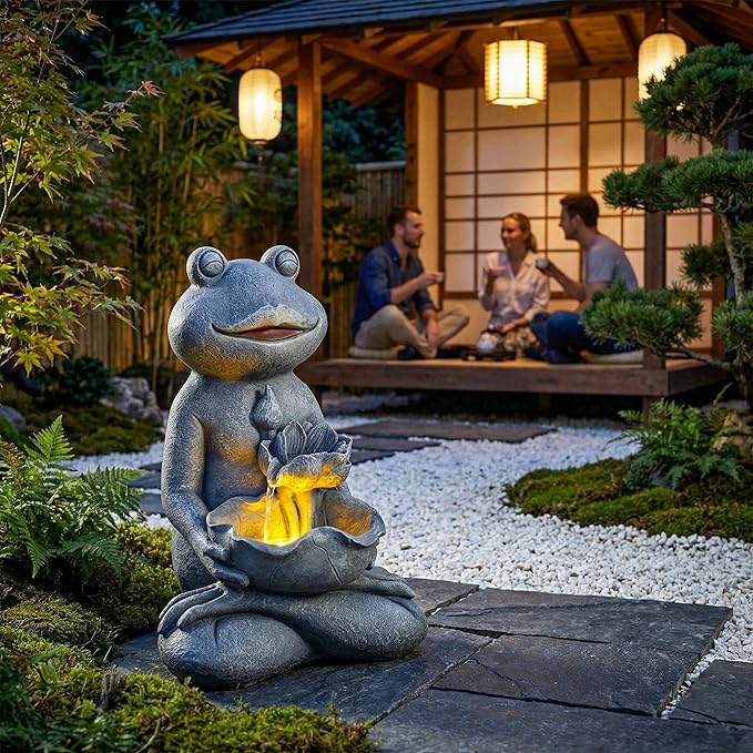 19-Inch Outdoor Water Fountain, Lively Frog Hold a Lotus Resin Waterfall Fountain with Warm LED Light, Frog Statue Water Feature for Garden, Patio, Porch, Backyard, Deck, Lawn, Balcony in Gray