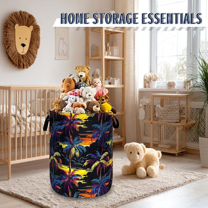 Palm Trees Laundry Basket Oxford Cloth Foldable Hamper 18.9x16.5 Inch | Hawaii With Handle Large-Capacity Tote Bag Laundry Hamper Clothes Storage Bucket Toy Organizer For Bathroom,Laundry,Bedroom