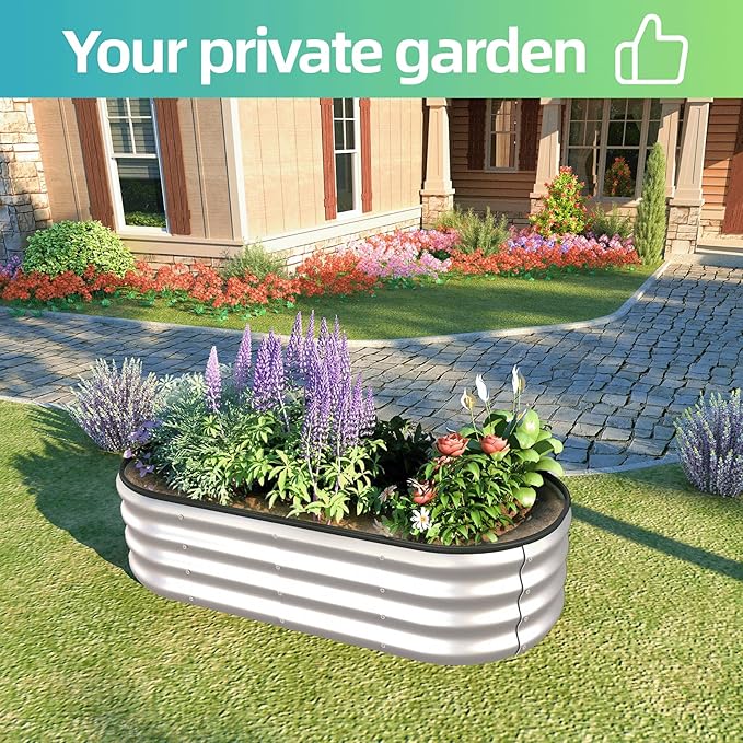 4x2x1 ft Oval Galvanized Metal Raised Garden Beds, Thickened Rust-Proof Flower Beds, Outdoor Plant Planter Boxes(Silver, 1PC)