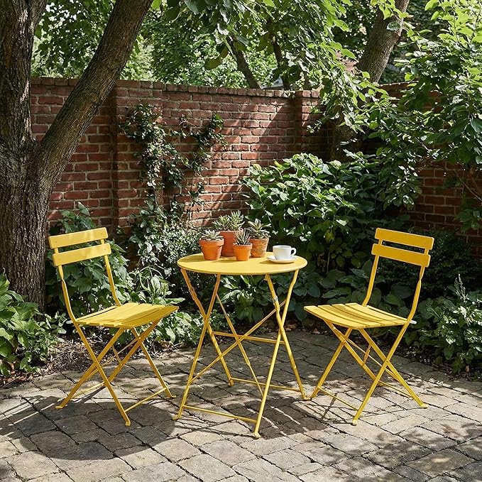 GarveeHome 3-Piece Foldable Bistro Set, Outdoor Patio Furniture with 2 Folding Chairs & 1 Table, Weather-Resistant Indoor/Outdoor Conversation Set for Patio, Yellow