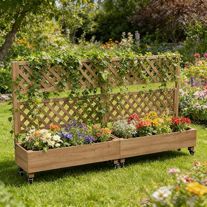 Raised Garden Bed with Wheels Outdoor, Large Garden Planter Box Tomato Flower Pots Cages with Standing Diamond Lattice Trellis for Vegetables Vines Herbs Fruits & Climbing Plants (Rhombic Grid))