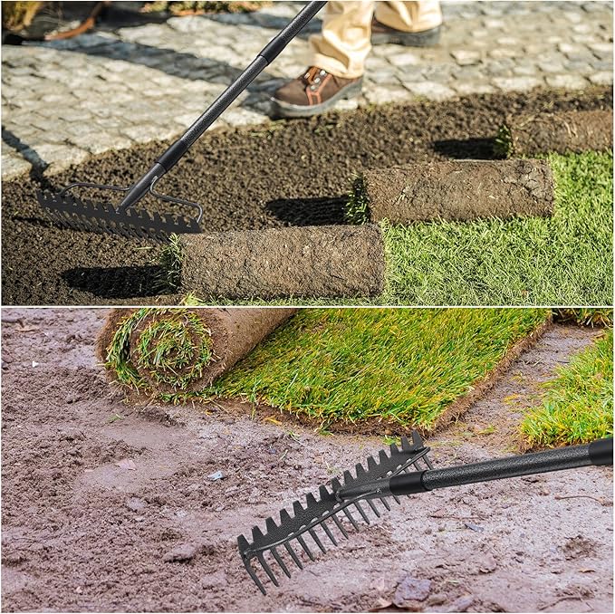 63'' Bow Rake Heavy Duty Garden Rake with Stainless Steel Handle, Tines Metal Head Rake Tool for Loosening Soil Gathering Leaf Leveling Lawn Farming Land Management Yarn Thatch Rake