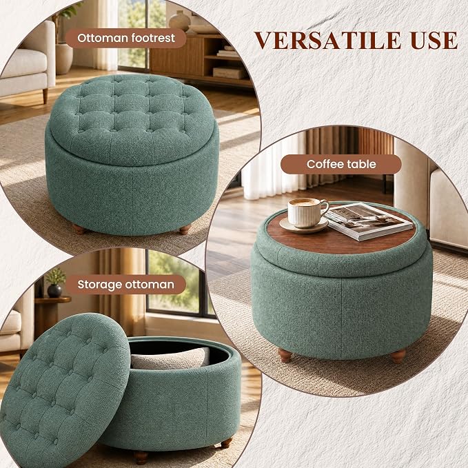 25" Round Ottoman with Storage, Small Coffee Table with Reversible Tray Lid | Tufted Fabric Round Storage Ottoman with Solid Wood Legs, 3-in-1 Footrest for Living Room, Bedroom, Entryway, Green