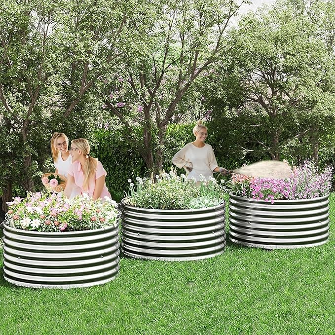 4 Pack Tall 2x2x2FT Round Corrugated Galvanized Steel Raised Garden Bed Outdoor, Metal Above Ground Garden Bed for Vegetables and Flowers, Raised Beds for Gardening