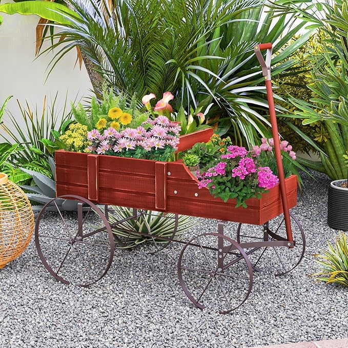 Wooden Wagon Planter, Decorative Flower Pots w/ 2 Planting Sections, Wheels & Handle, Rustic Farmhouse Garden Planter Box for Patio, Yard, Porch (Red)