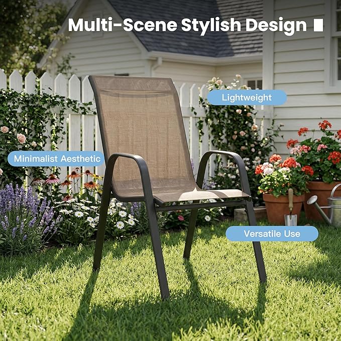 DIFY Patio Chairs Set of 4, Stackable Outdoor Dining Chairs Set with Breathable Textilene High Back and All-Weather Metal Frame for Garden, Backyard, Deck, Brwon