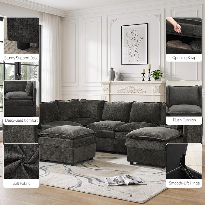 105" Storage V-Shaped Modular Sectional Sofa with 2 Ottomans, Dark Grey