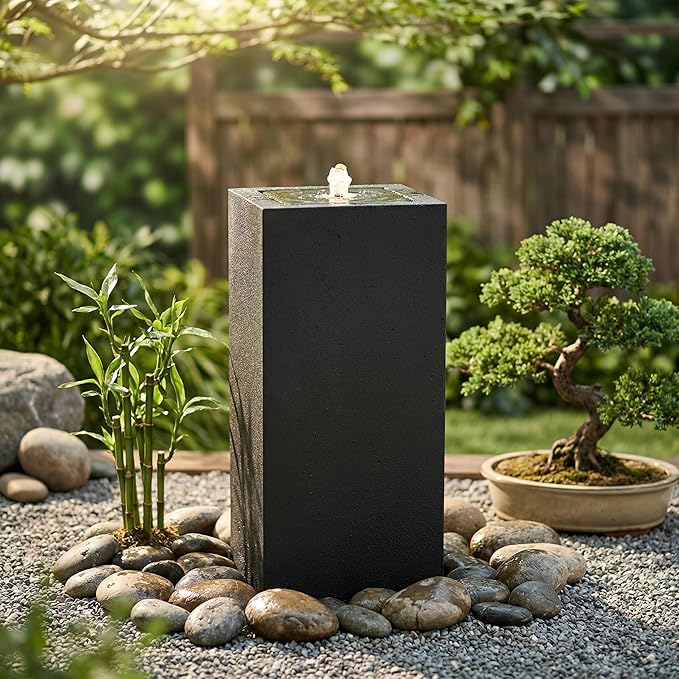 Sunnydaze Outdoor Water Fountain with LED Light - Modern Rectangle Bubbler Water Feature with Pump - 29.5" H - for Patio, Garden, Deck, Relaxation and Stress Relief - Black