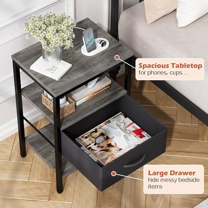 SUPERJARE Nightstand Set of 2 with Charging Station, USB-C Port, End Tables