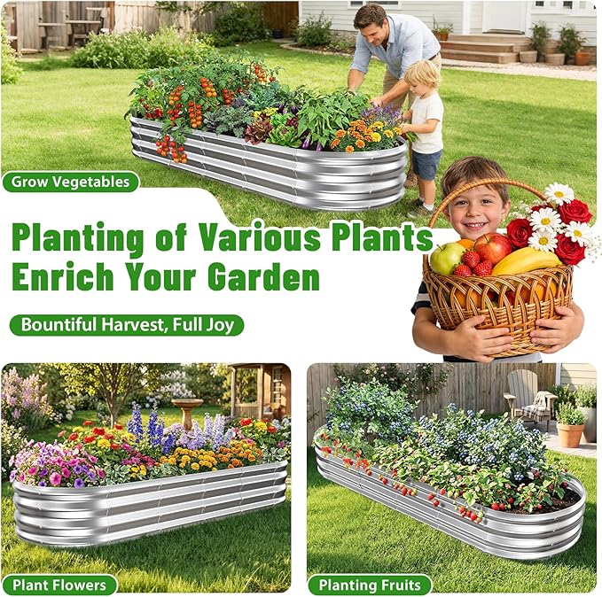 Oval Raised Garden Bed, 5 x 2 x 1FT, Galvanized Steel Planter Box with Wave-Shaped Metal Panels for Outdoor Flower,Tree,Herb & Vegetable Garden (Silver, 72X24X12 inches)