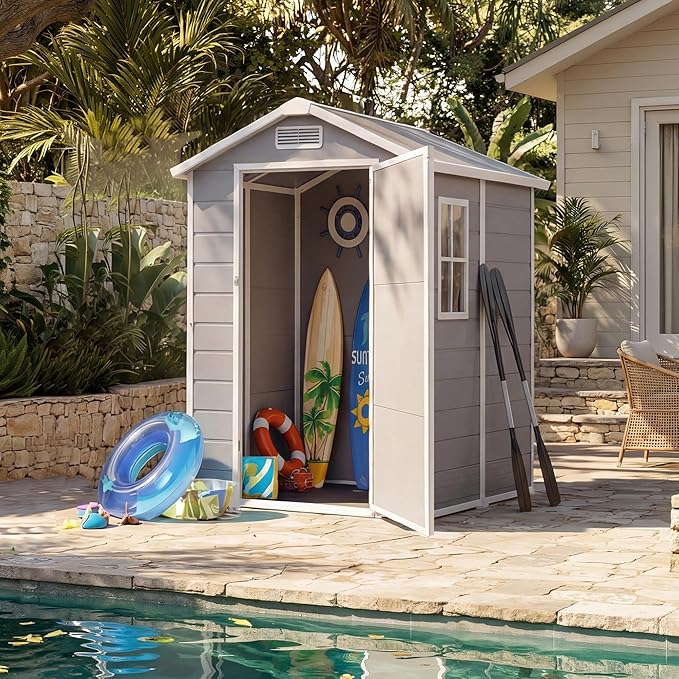 Outdoor Storage Shed with Floor, Plastic Resin Garden Shed with Window & Sloping Roof & Lockable Door for Patio Backyard Garden, Lawn Mower, Bike, Tool Storage (Light Gray, 4' x 6')