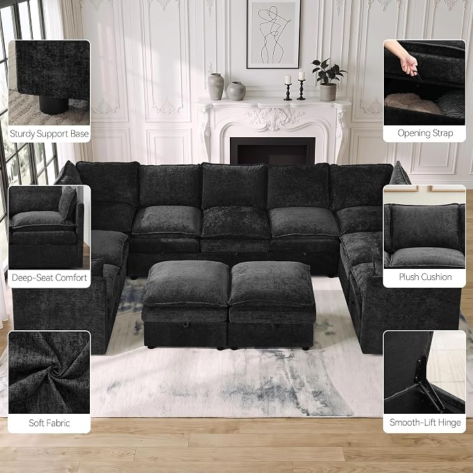 130" Oversized U-Shape Storage Sofa Modular Couch with 2 Ottomans,Black