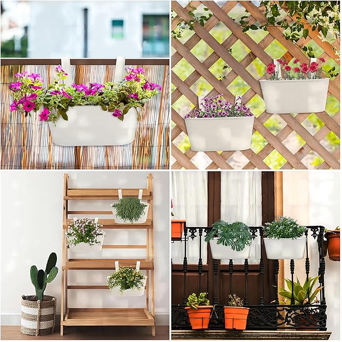 10.6" Oval Iron Hanging Flower Pots - Rust-Resistant Metal Planters with Detachable Hooks for Garden, Yard & Home Decor (White,5 PCS)