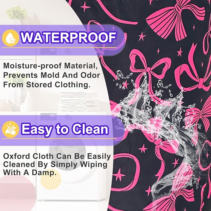 Pink Bowknot Laundry Basket Foldable Oxford Cloth Bow Hamper 18.9 x 16.5 In