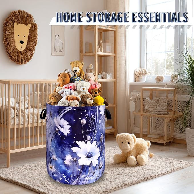 Blue Daisy Floral Laundry Basket Oxford Cloth Foldable Hamper 18.9x16.5 In | Colorful With Handle Large-Capacity Tote Bag Laundry Hamper Clothes Storage Bucket Toy Organizer For Bathroom,Laundry,Bedroom