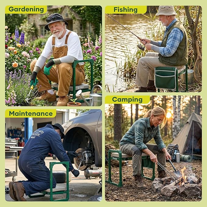 Saker Garden Kneeler and Seat Foldable Gardening Stool with Extendable Legs & Thickened Pad, Tool, Heavy Duty 500lbs Support for Elderly, Gardening, Outdoor Use