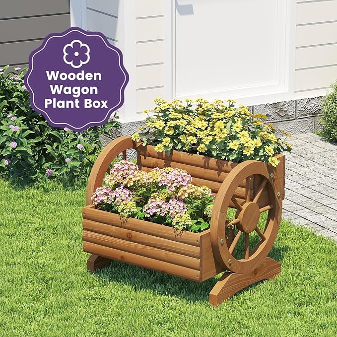 Wooden Wagon Planter Box, Standing Garden Planter, Decorative Outdoor Container,Coffee