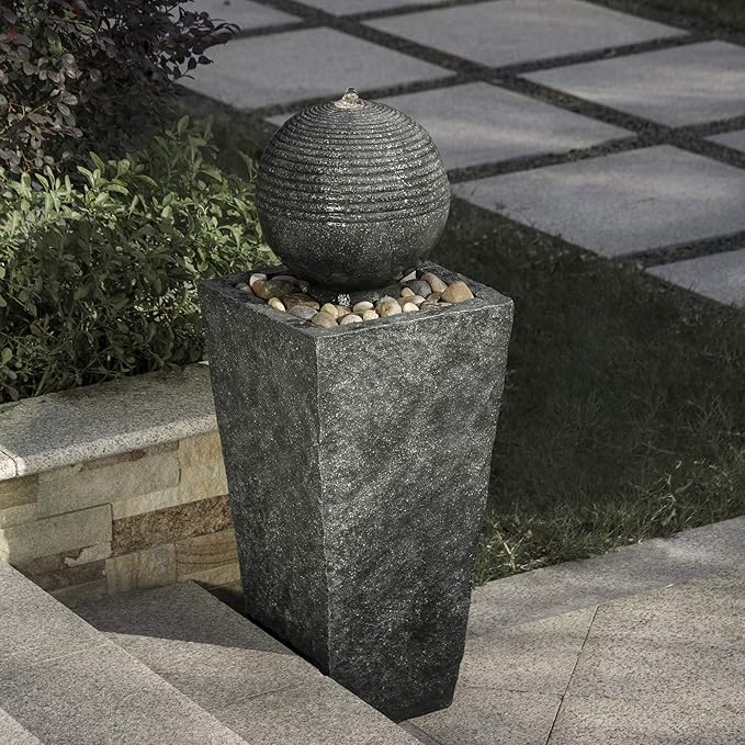 Glitzhome Outdoor Water Fountain with LED Light, Decorative Sphere Pedestal Outdoor Fountain with Submersible Pump, Vintage Waterfall Fountains for Garden Patio Deck Porch, 31.69”H