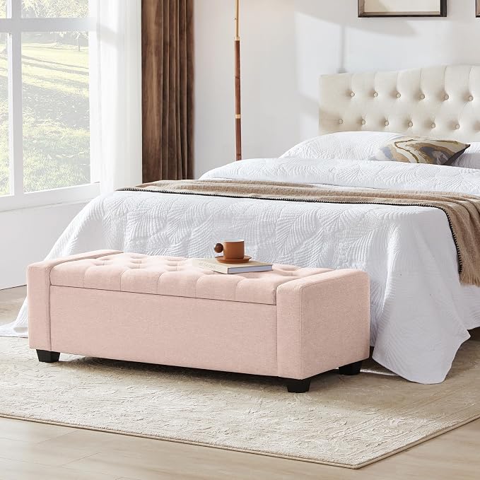 Huatean Home 48" Ottoman with Storage, Pink Storage Ottoman Bench | Upholstered Entryway Bench with Seating for Bedroom, Living Room, with Safety Hinge, Holds up to 330 lb