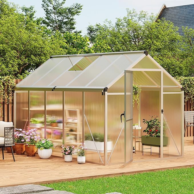 Garvee 6 x 10 ft Greenhouse, Greenhouses for Outside, Polycarbonate Greenhouse with Aluminum Frame, Lockable Door and Ajustable Roof Vent for Backyard, Green Houses for Outside Garden Backyard, Patio