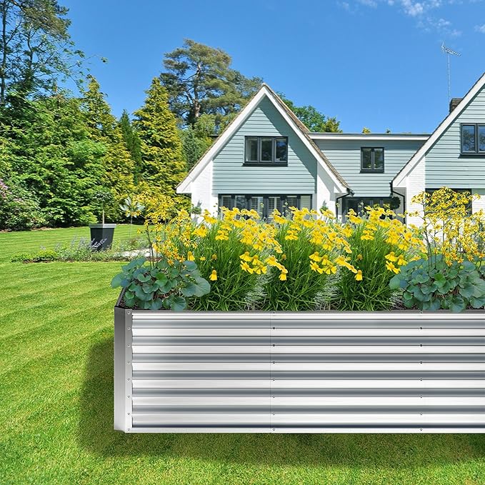 8x4x2FT Galvanized Raised Garden Bed,Planter Raised Beds-Metal Garden Box,Large Plant for Outdoor Planting, Vegetables Bed,Flower,herb-Silver