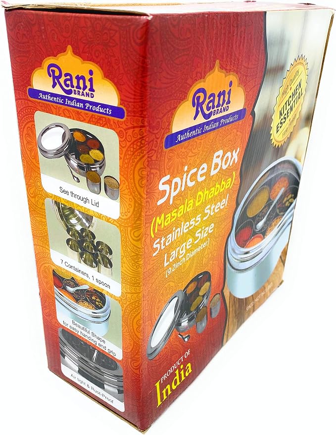 Rani Spice Box Stainless Steel Transparent Round Storage For Spices (Masala Dabba) 7 Compartments, with spoon (9.2in x 3in) ~ Packed in an attractive box, perfect for gifts!