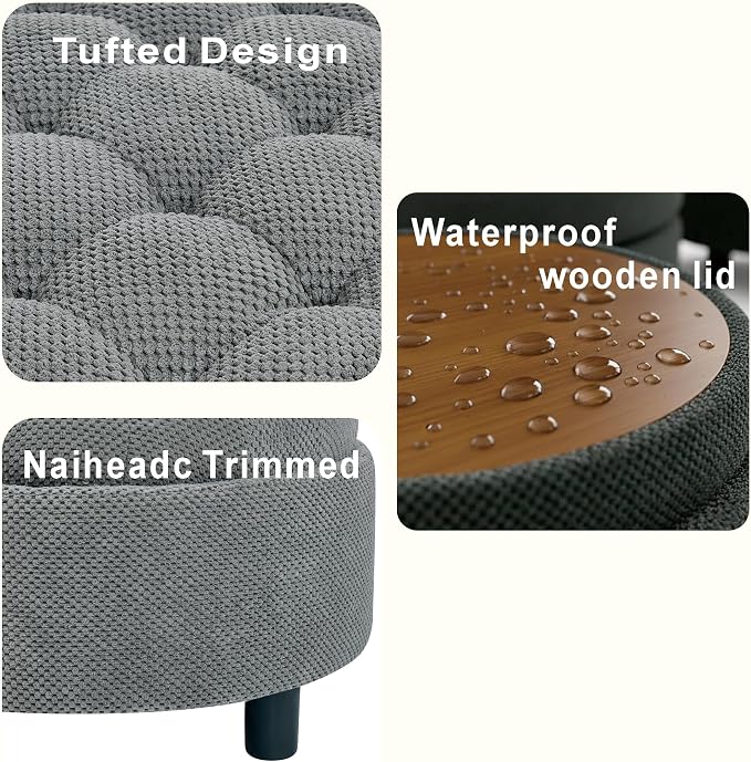 Round Ottoman with Storage, Modern Upholstered Storage Ottoman Coffee Table with Removable Lid Top Tray and Solid Wood Legs for Living Room, Bedroom, Dorm, 25 Inch