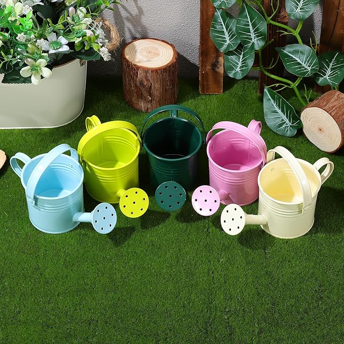 DOITOOL Kids Metal Watering Can for Gardening, 5Pcs Small Iron Watering Can Garden Watering Bucket for Gardening Plants Flowers (Mixed Color)