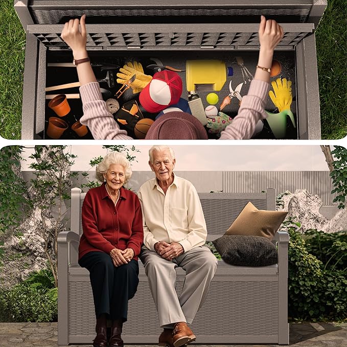 PatioZen 80 Gallon Outdoor Storage Bench Deck Box Waterproof Lockable,Outdoor Storage Furniture for Patio,Garden and Porch,Tools and Cushions( Grey)