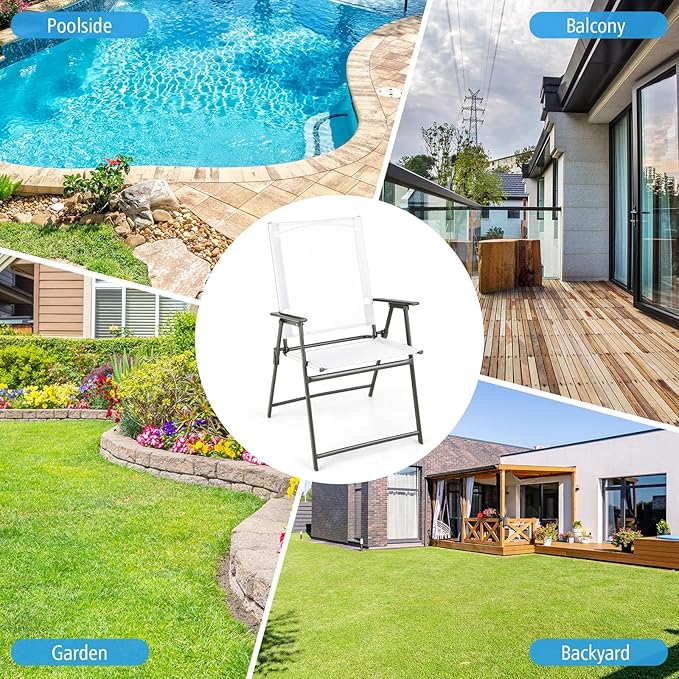 Tangkula Set of 4 Patio Folding Chairs, High Back Dining Chairs with Weather-Resistant Fabric, No Assembly, Outdoor Portable Metal Lawn Chairs with Armrests & Footrest for Garden