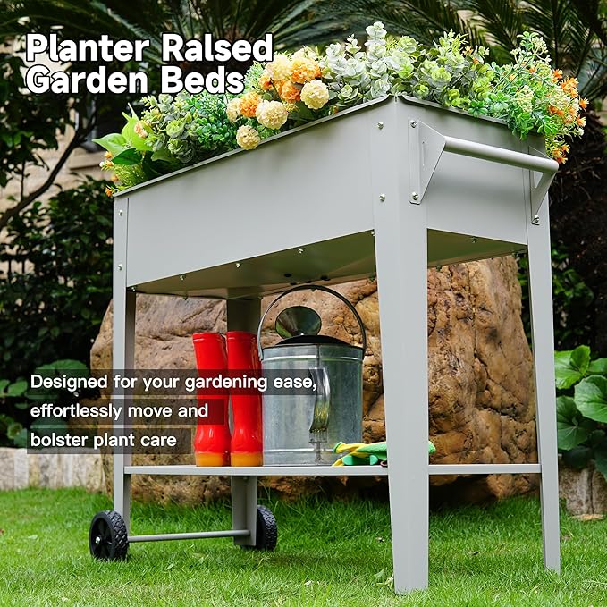 LEETOLLA ๐๐๐ข๐ฌ๐๐ ๐๐๐ซ๐๐๐ง ๐๐๐ ๐๐ฎ๐ญ๐๐จ๐จ๐ซ Elevate Herb Garden Planter Box Outdoor Raised Planter Box with Legs On Wheels for Vegetables Flower Tomato Patio Backyard