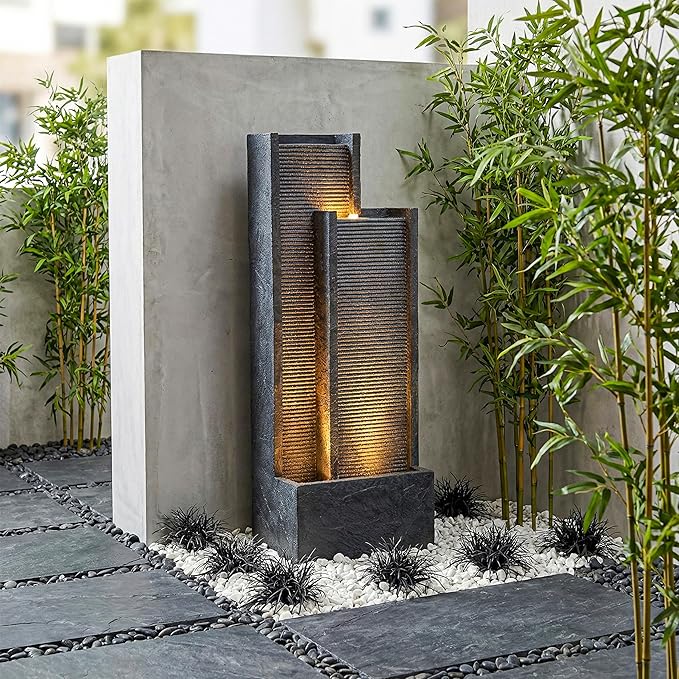 41-Inch Outdoor Water Fountain, Modern Resin Waterfall Fountain with 3 Warm LED Lights, Texture Freestanding Water Feature for Garden, Patio, Yard, Porch, Deck, Lawn, Balcony in Gray, Home Decor