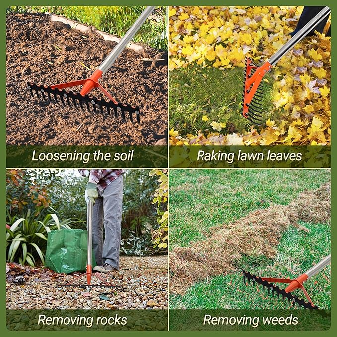 Garden Rake 17 Tempered Spring Steel Tines Heavy Duty Rake for Lawns Bow Rakes Metal Rakes with 62 Inch Stainless Steel Adjustable Long Handle for Loosening Soil Yard Work