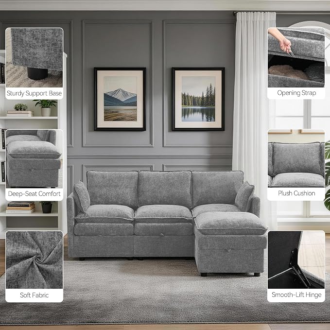 80" Modular L Shaped Storage Sofa with Ottoman, Cloud Sectional Sofa with Hidden Storage, Modern Chenille Couch with Ottoman for Living Room, Light Grey