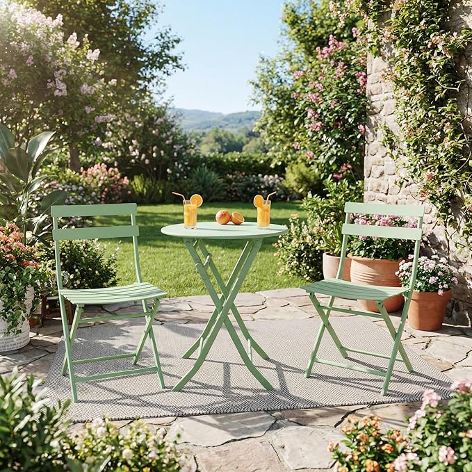 GarveeHome 3-Piece Foldable Bistro Set, Outdoor Patio Furniture with 2 Folding Chairs & 1 Table, Weather-Resistant Indoor/Outdoor Conversation Set for Patio, Green