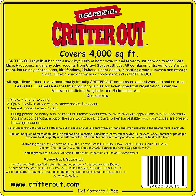 Mouse & Rat Repellent: Rodent Repellent: Critter Out 1 Gallon Ready to Use | Mouse & Rat repellent, Peppermint Oil Repellent, Get Rid of Rats, Prevent Nesting, Stops Chewing, Protect Engine Wiring